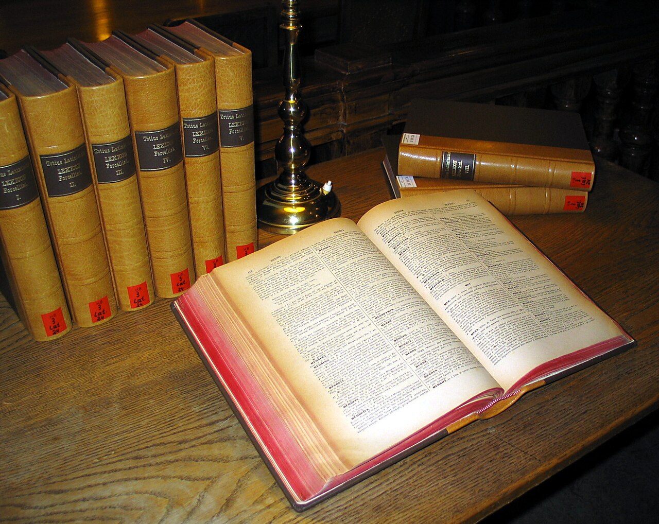 A giant set of old dictionary books sitting on a library table.