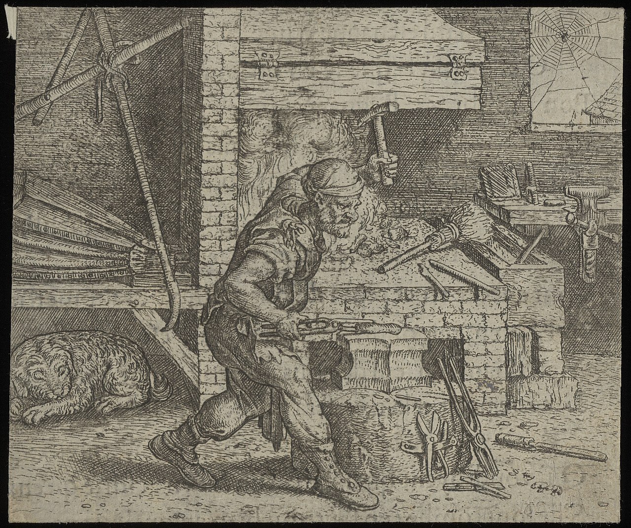 An old printed picture showing a fable about a dog and a blacksmith.