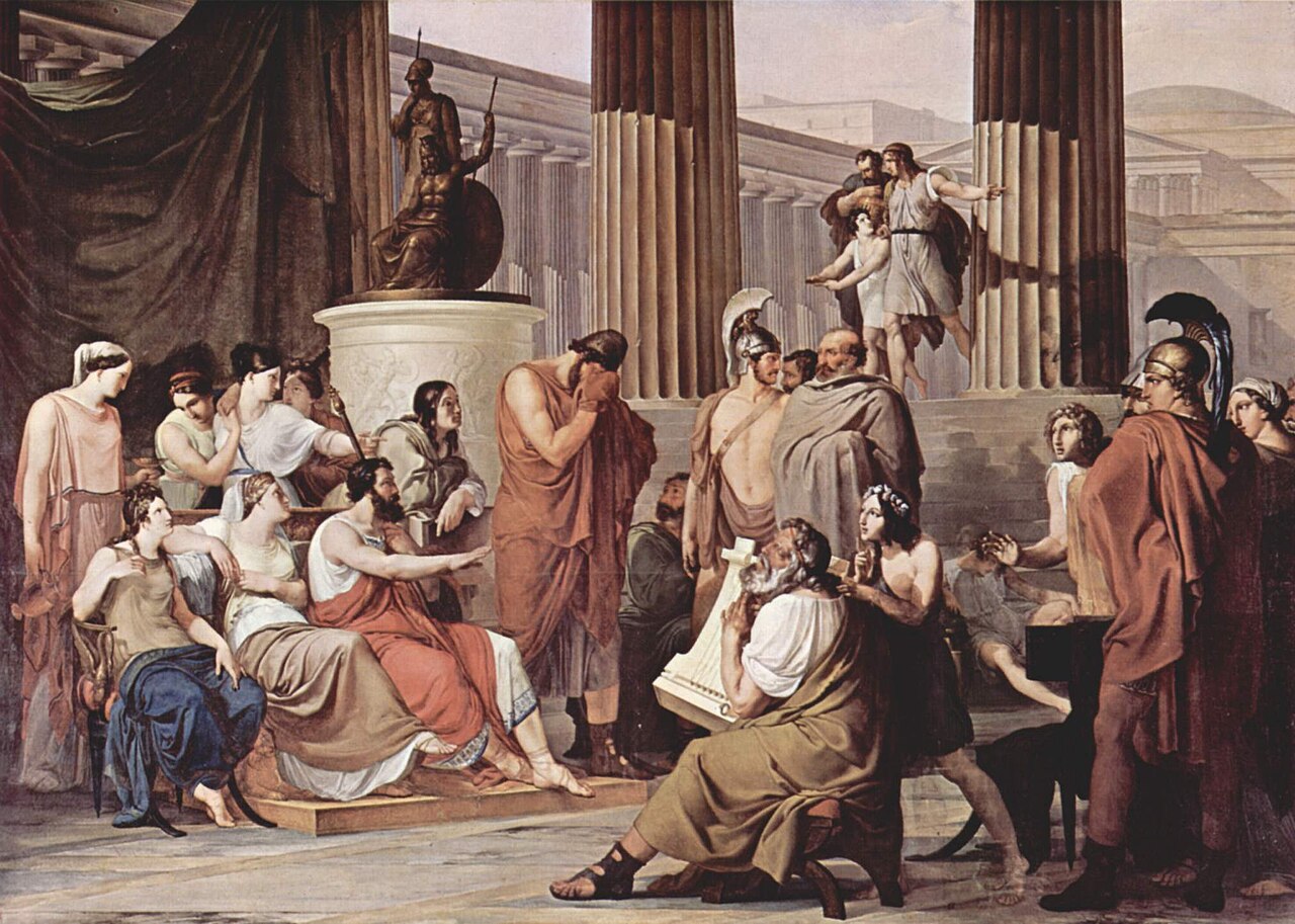 A painting of the hero Odysseus listening to a singer tell a myth.