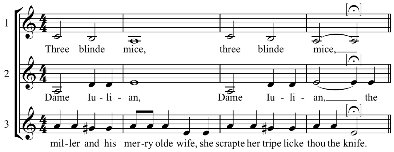 A very old printed page of the Three Blind Mice rhyme.