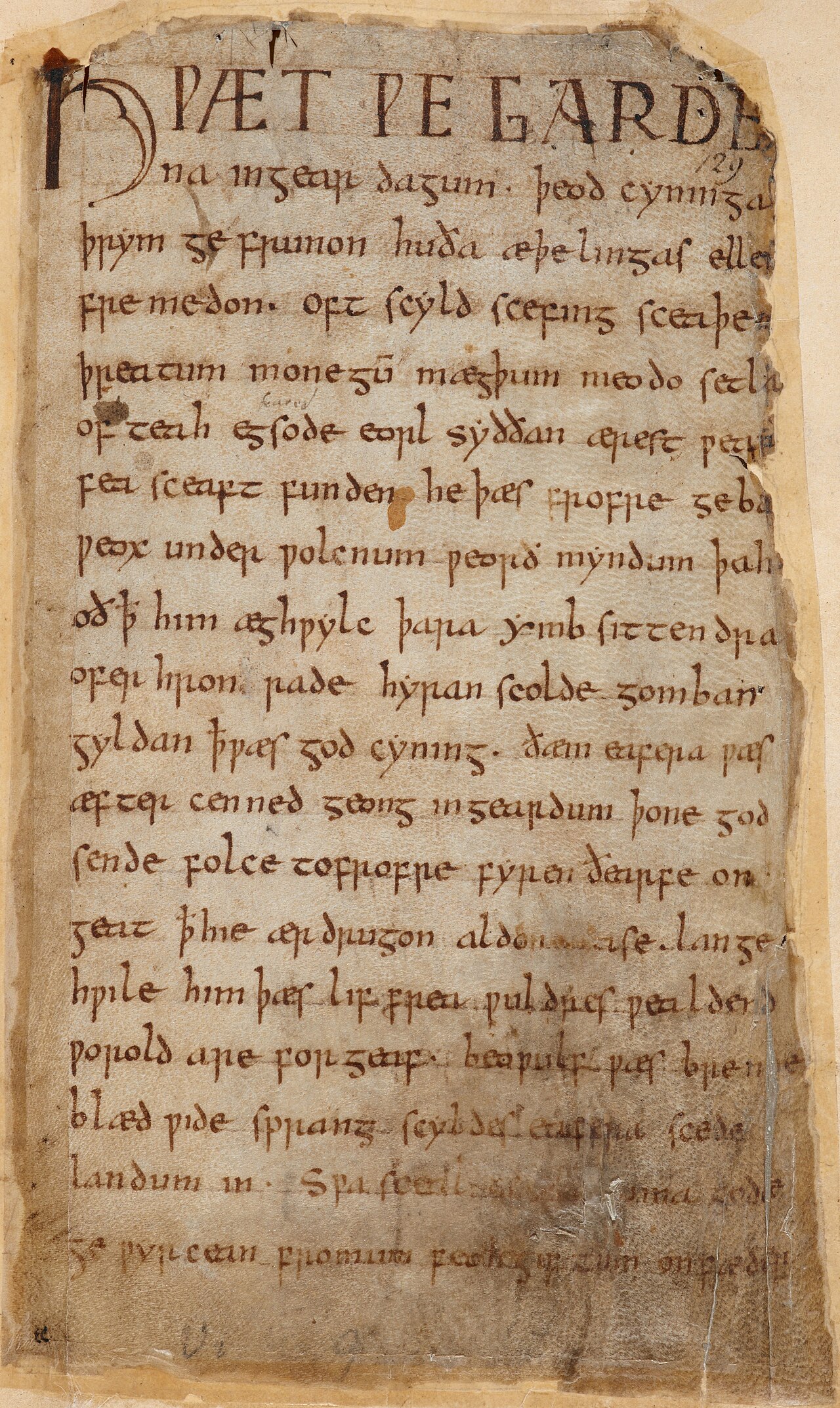 The first page of Beowulf, a very old English poem.