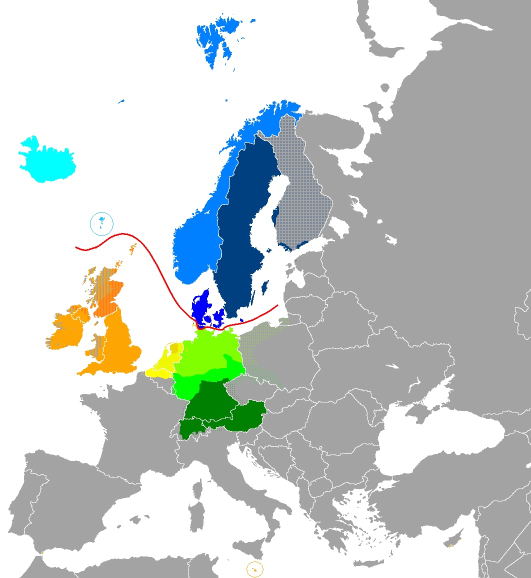 A map showing German and its cousin languages in Europe.