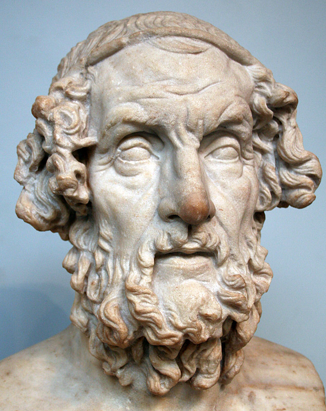 A marble statue of Homer, a famous Greek poet.