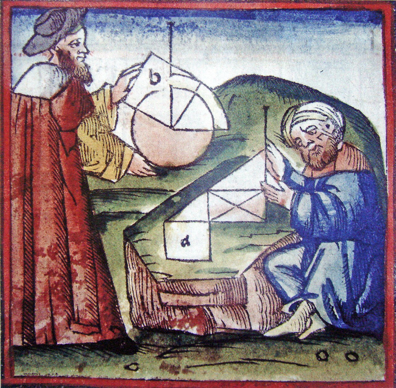 Two people study geometry in an old book from long ago.