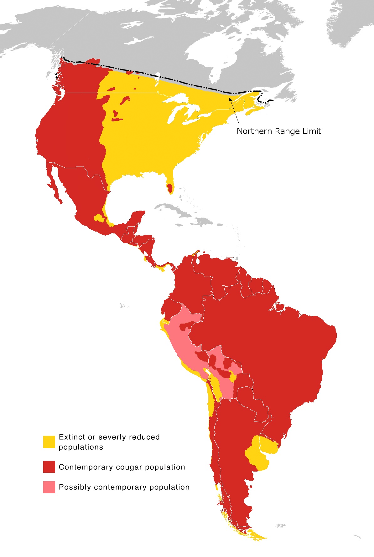 A map showing where cougars live in the Americas.