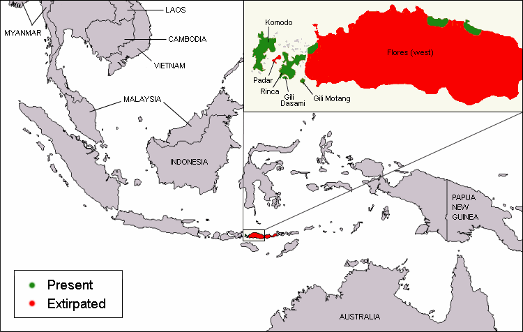 A map showing where Komodo dragons live.