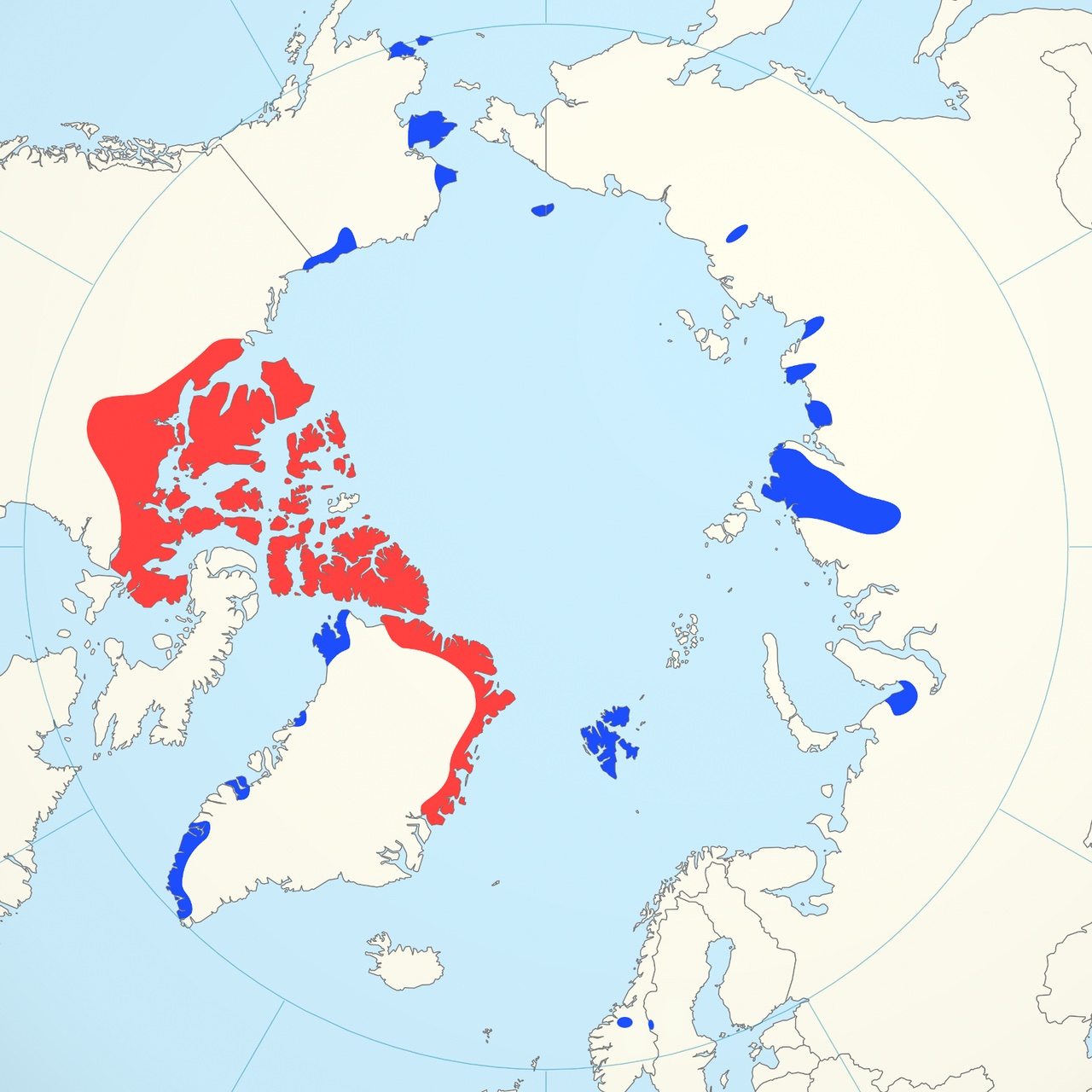 A map showing where musk oxen live in the cold north.