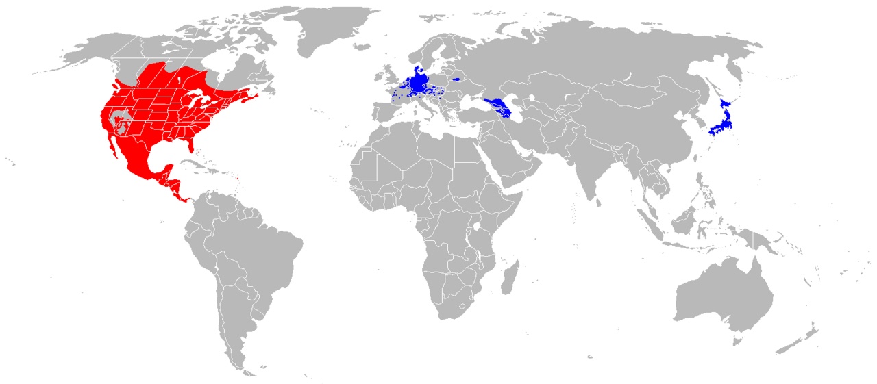 A map showing where raccoons live around the world.
