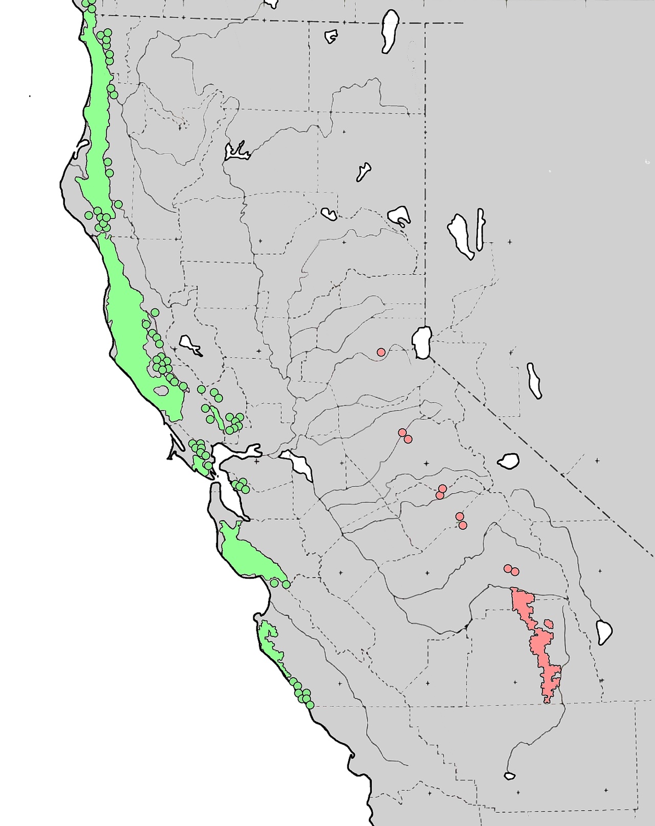 A map showing where redwood trees grow in California.