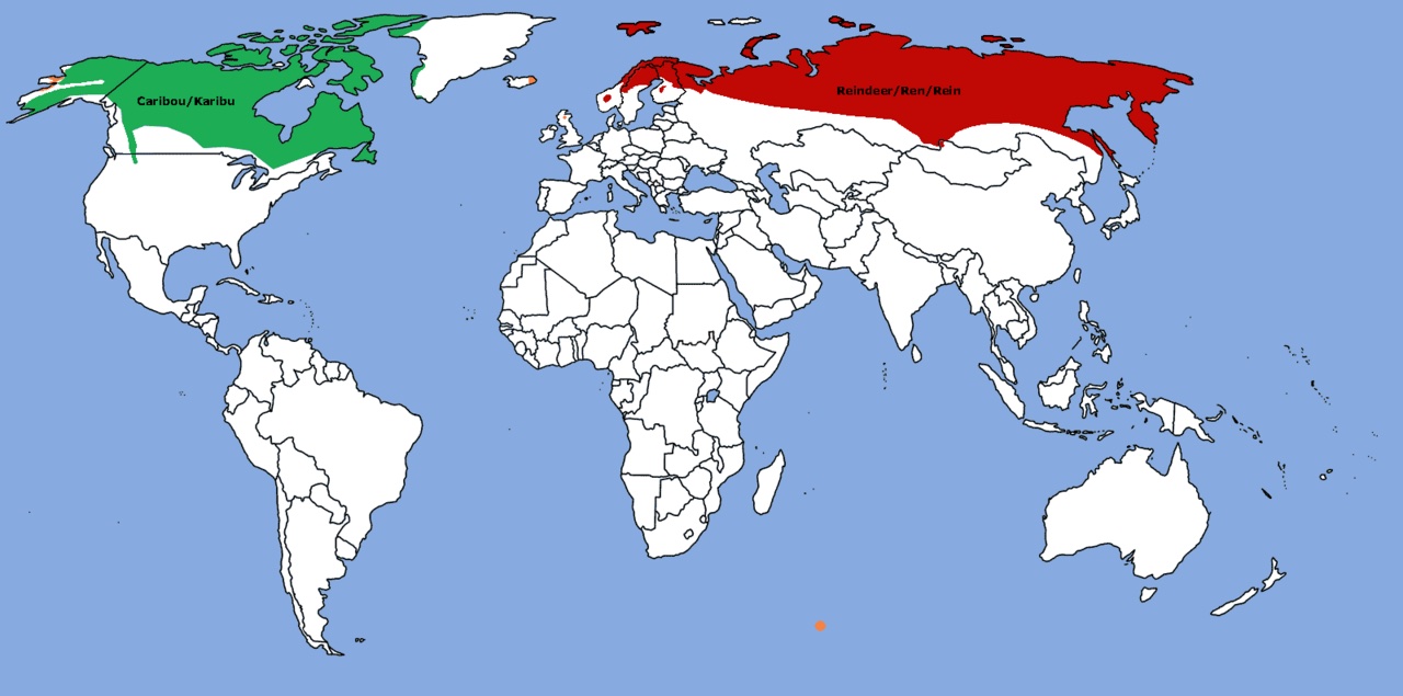 A map showing where reindeer and caribou live.