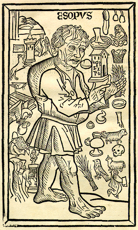 An old book drawing showing Aesop with pictures from his fables.