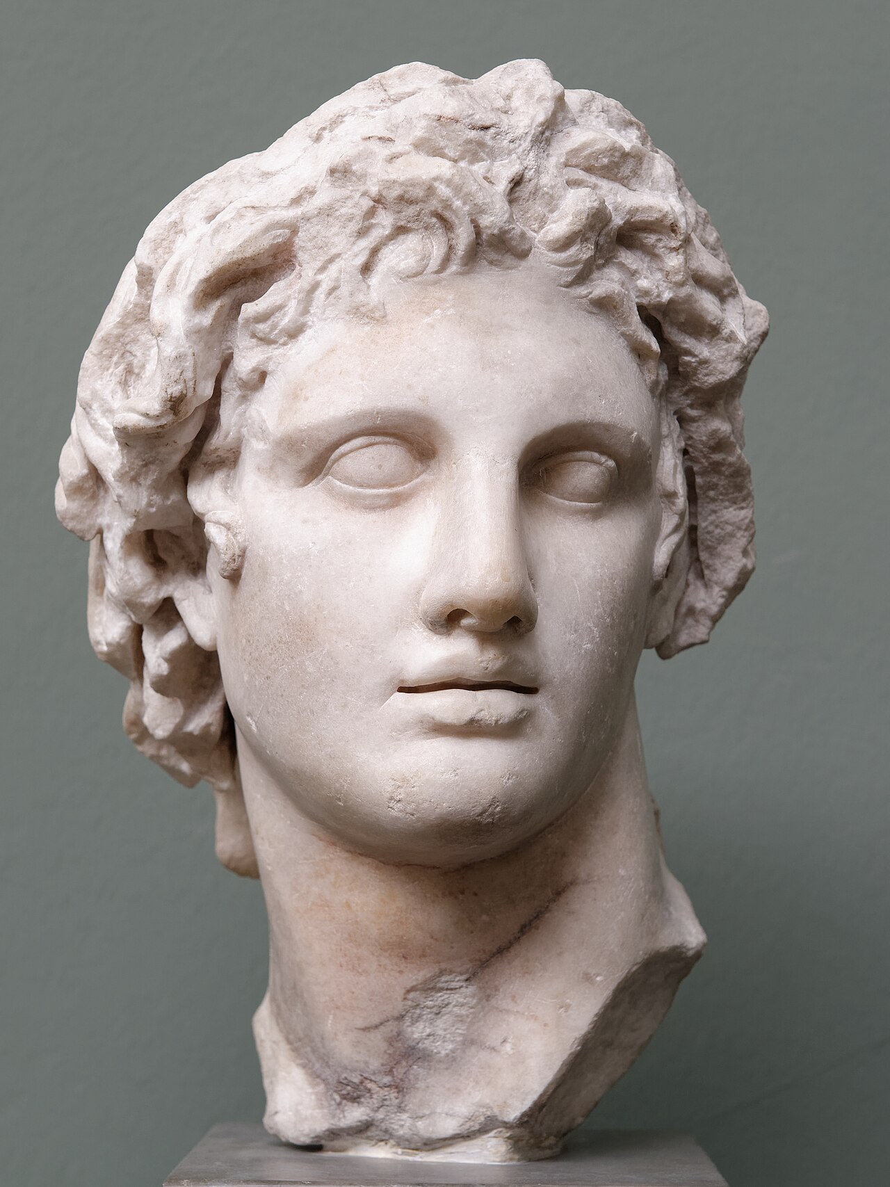 An ancient stone head showing Alexander the Great.