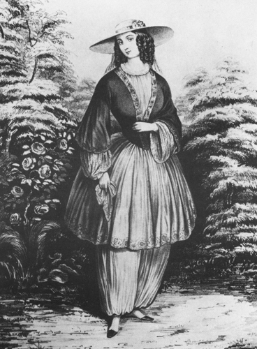 A drawing of the comfy dress and pants named after Amelia Bloomer.