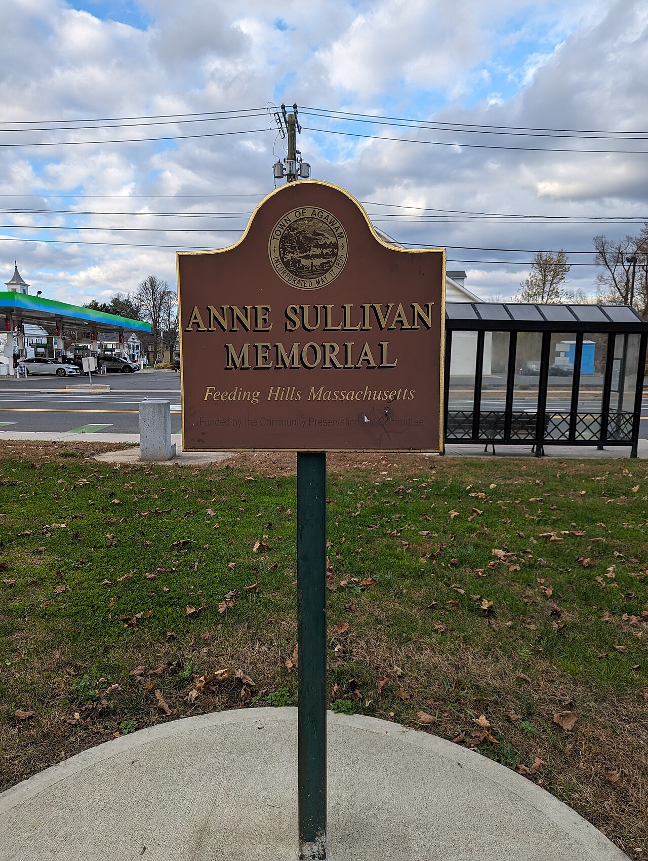 A sign marking the Anne Sullivan Memorial in Massachusetts.