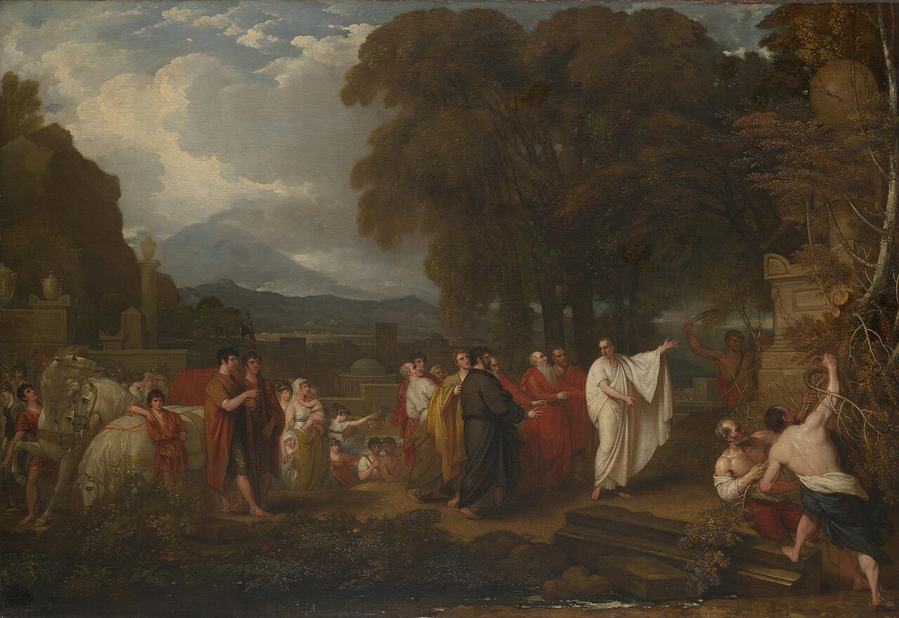 A painting showing the discovery of Archimedes' tomb long ago.