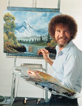 Bob Ross painting happy little trees at his easel.