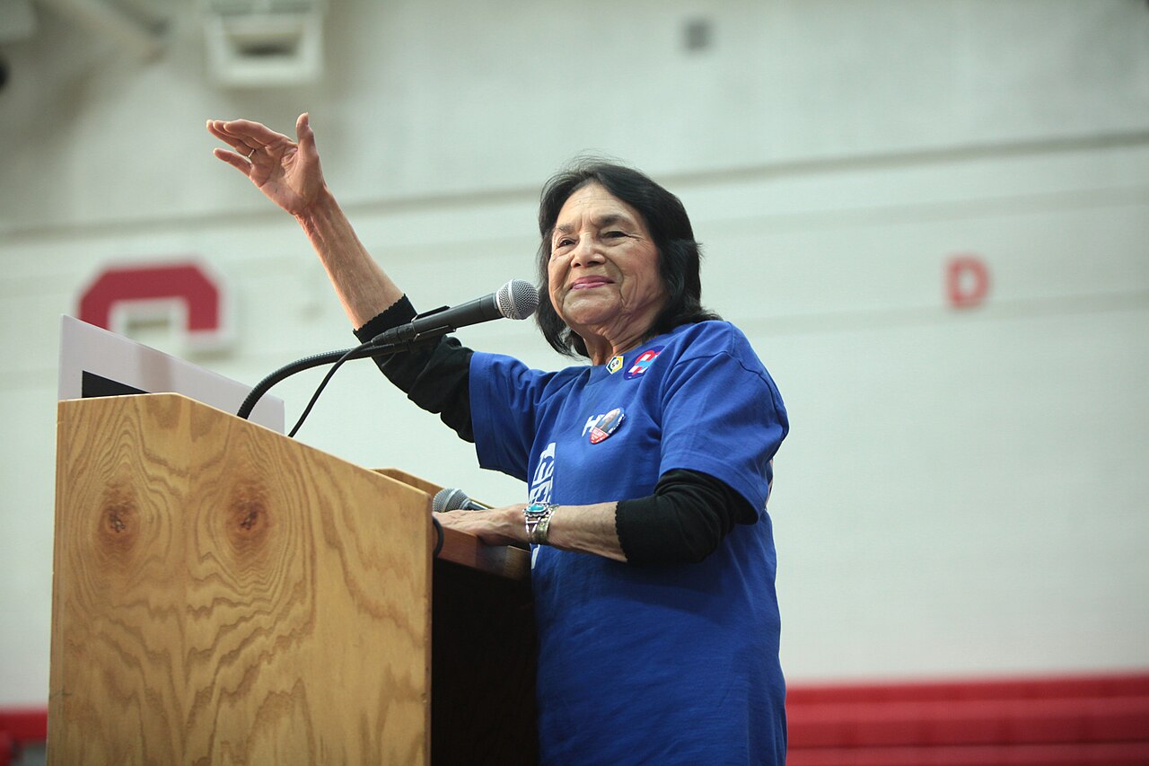 Cesar Chavez's friend Dolores Huerta speaking at a rally.