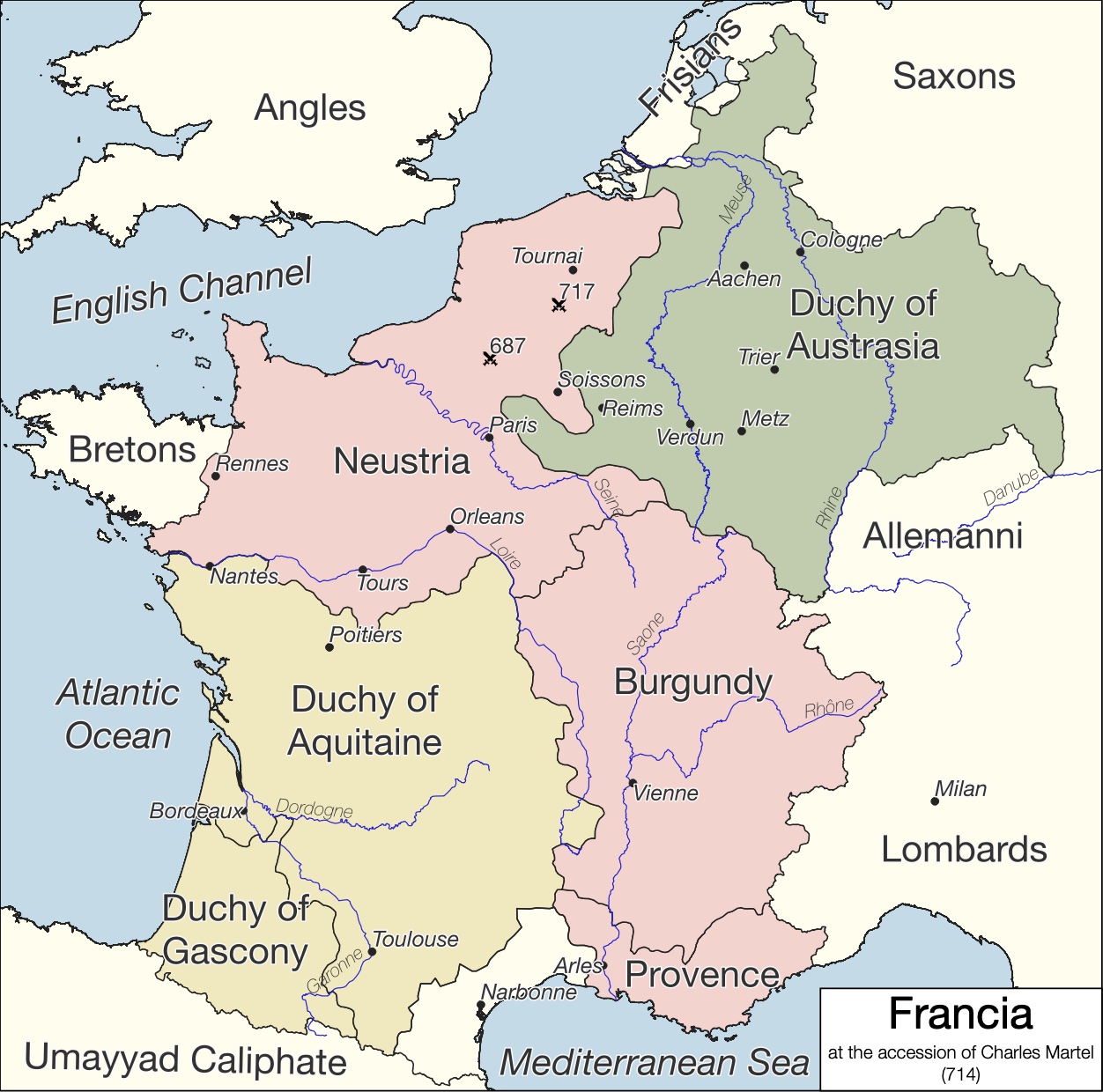 A map showing the lands Charlemagne's family ruled long ago.