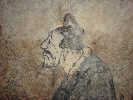 An ancient Chinese wall painting showing the wise teacher Confucius.