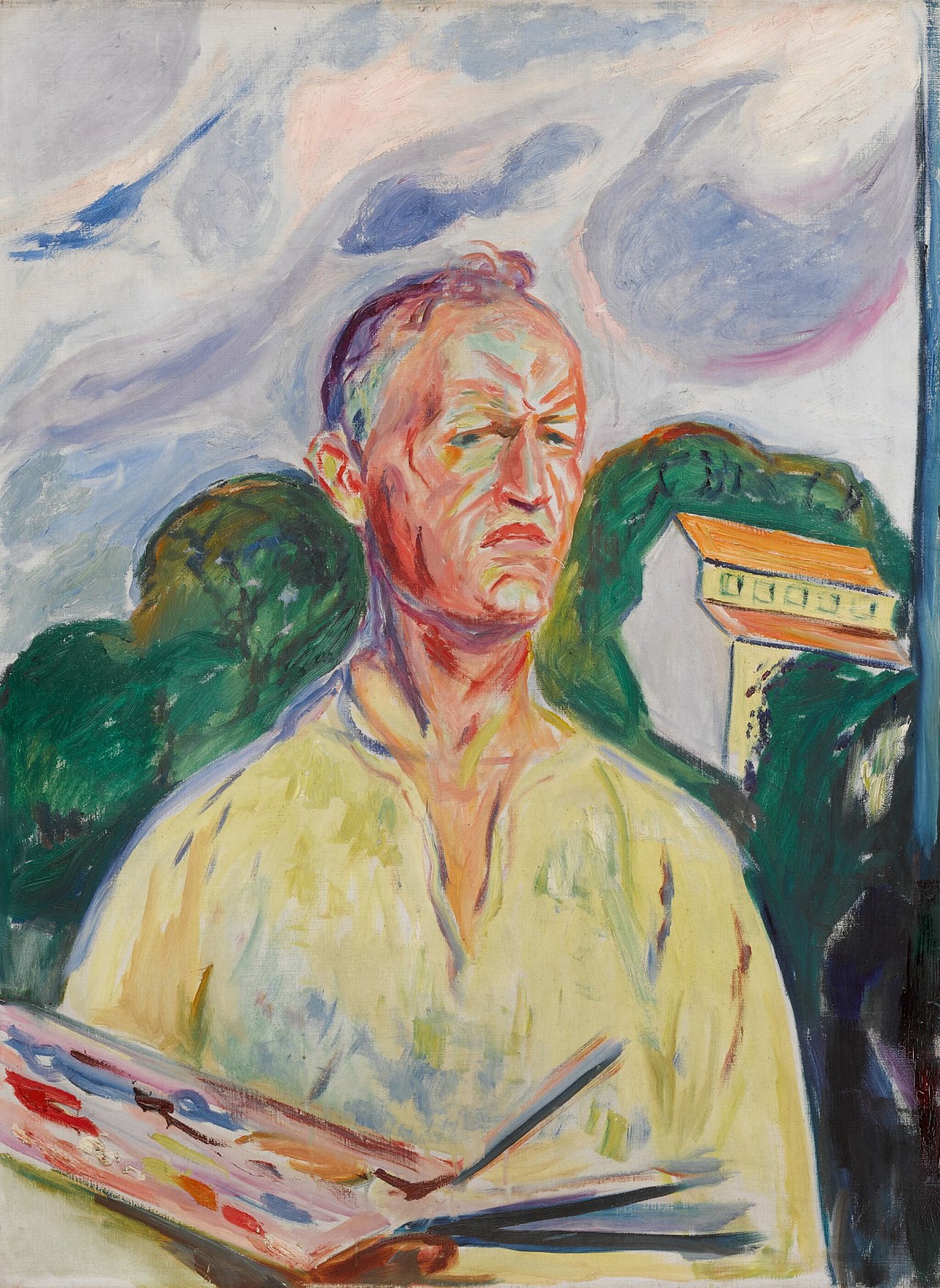 A self-portrait of painter Edvard Munch holding his palette.