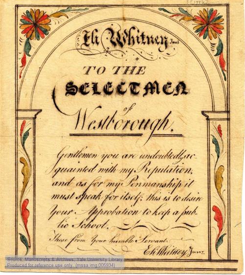 A handwritten letter showing Eli Whitney's neat penmanship.