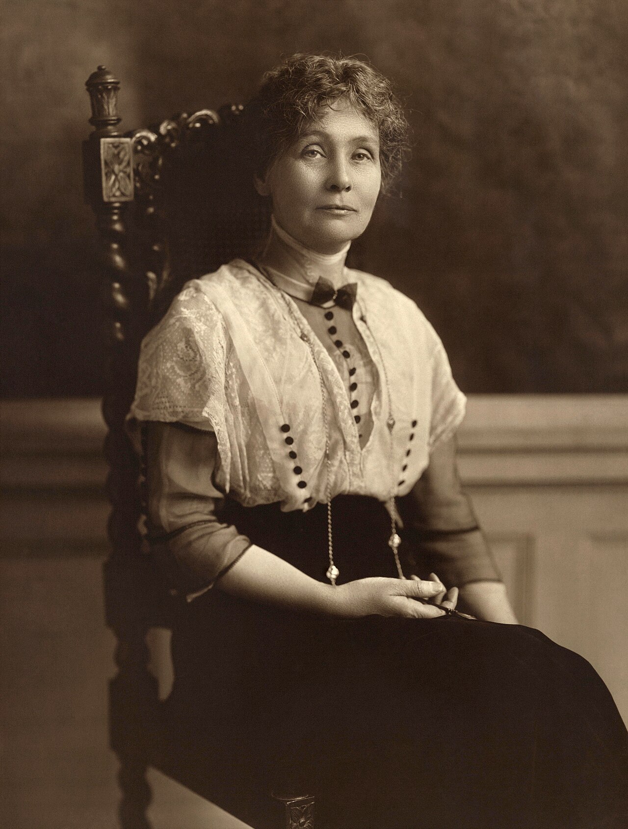 A formal portrait of the brave leader Emmeline Pankhurst.