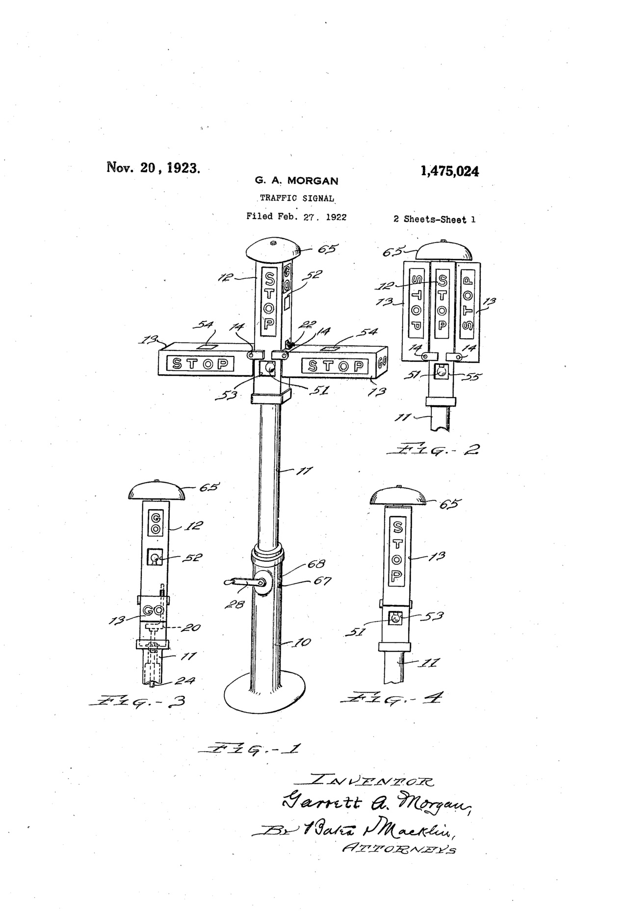 Garrett Morgan's 1923 patent drawing for his traffic signal.