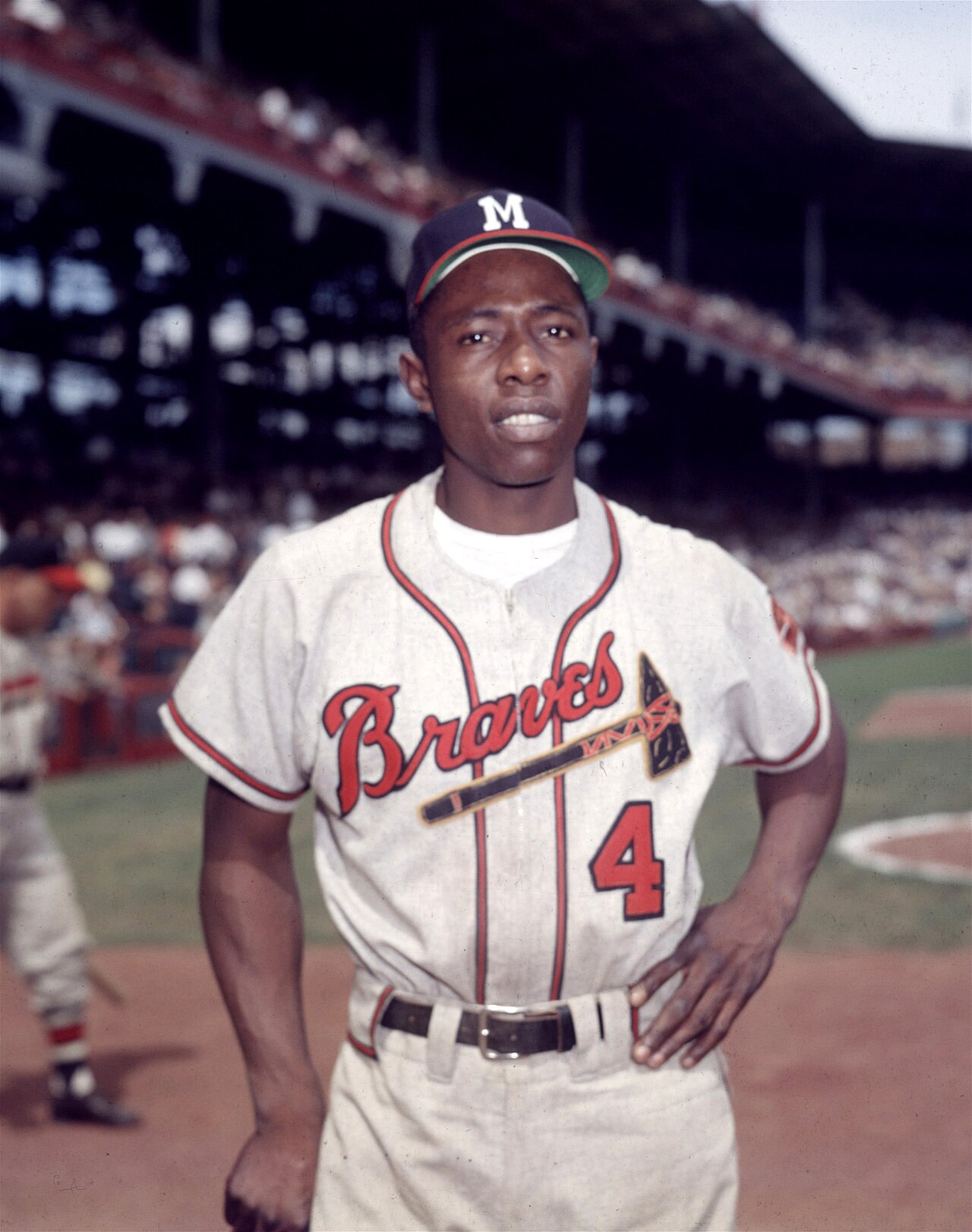 Baseball player Hank Aaron in his team uniform in 1954.