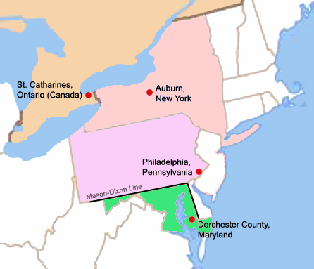 A map showing important places from Harriet Tubman's life.