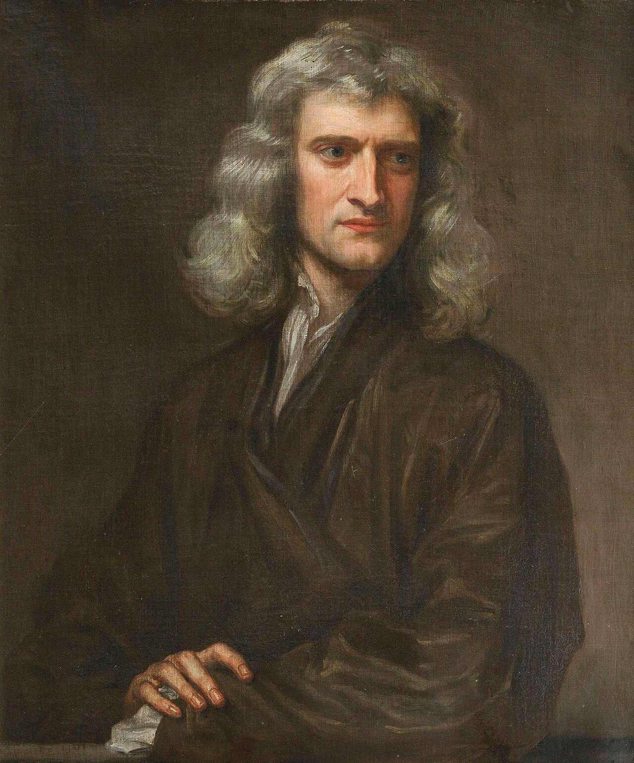 A painted portrait of the famous scientist Isaac Newton.