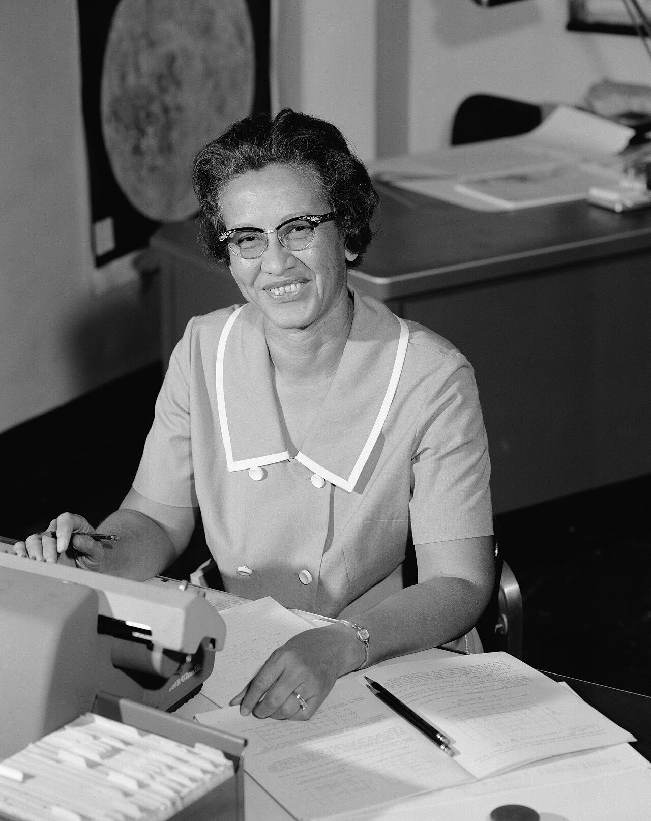 NASA math whiz Katherine Johnson at her desk in 1966.