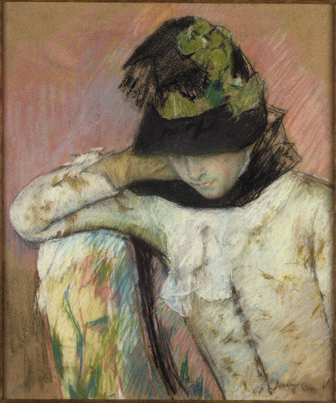 A Mary Cassatt pastel drawing of a woman in a fancy hat.