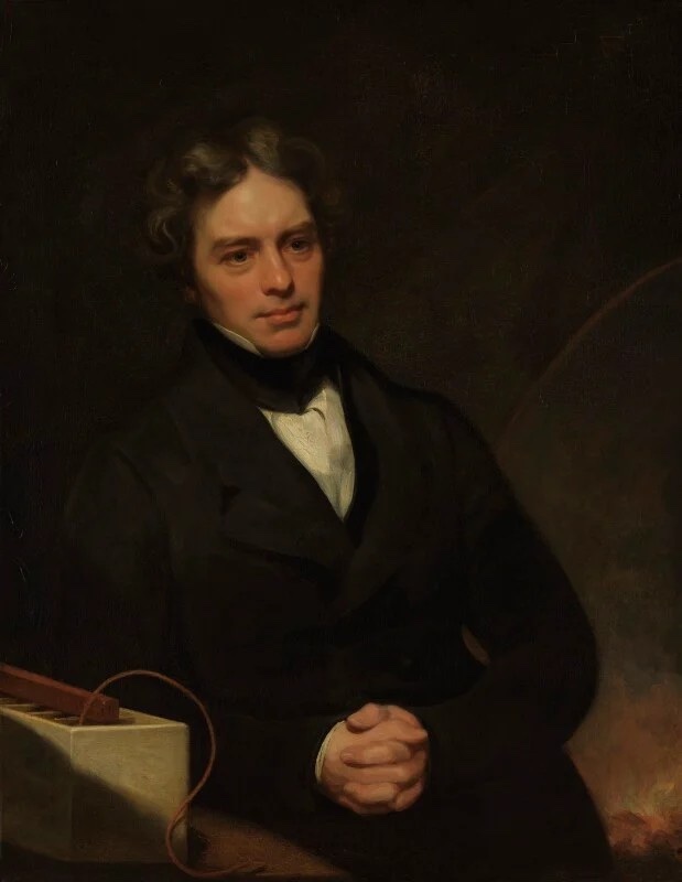 A painted portrait of the scientist Michael Faraday.