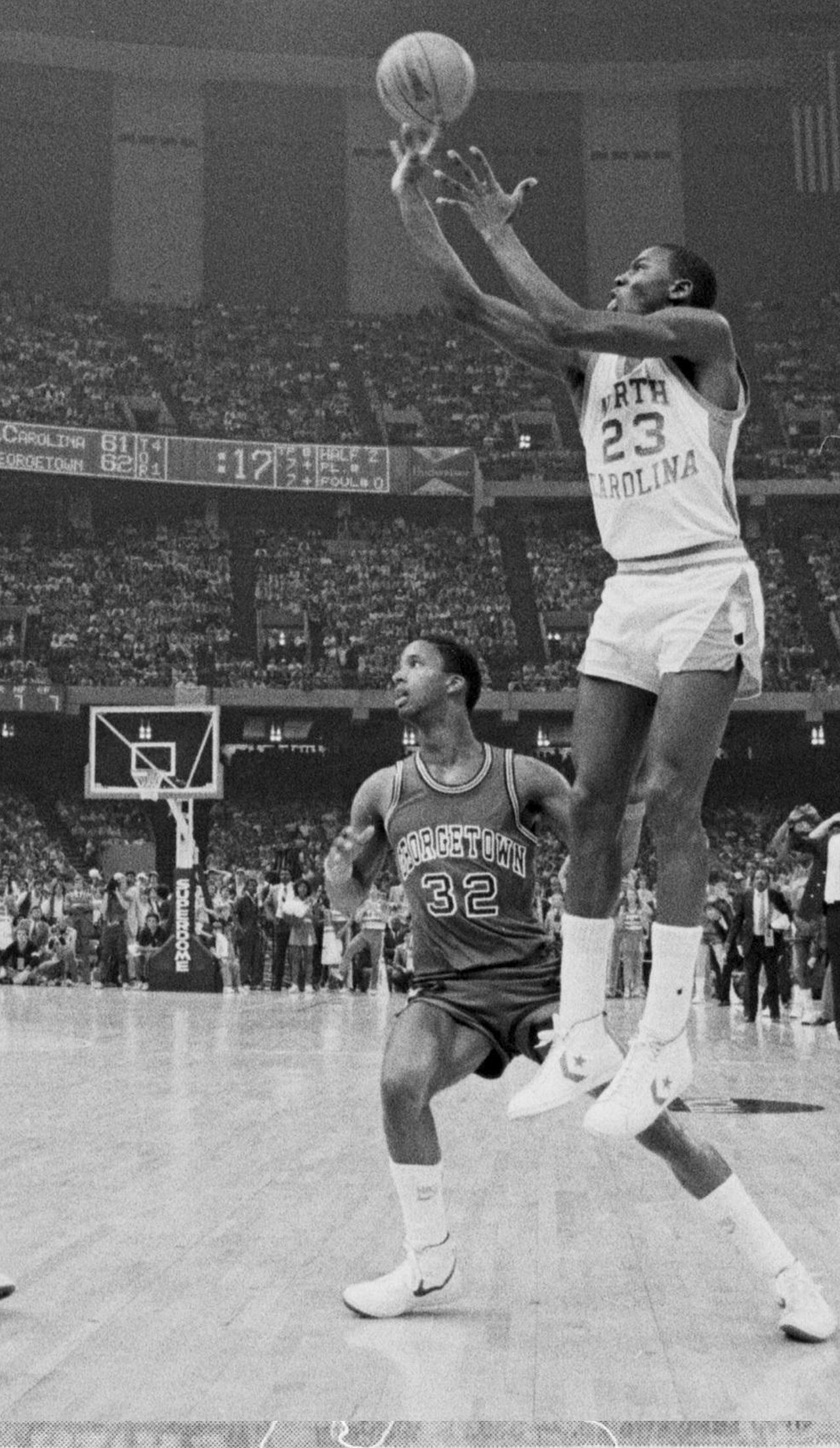 Young Michael Jordan hits the shot that wins the 1982 college title.