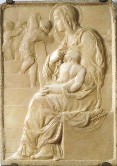 A beautiful Michelangelo painting of a mother and baby.