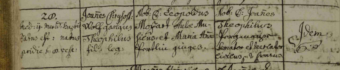 The old church record with baby Mozart's name on it.