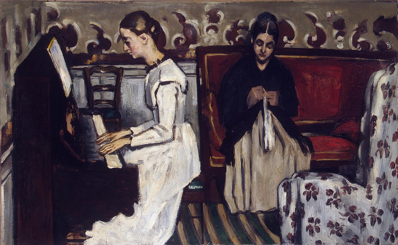 A Cezanne painting showing a girl playing at a piano.