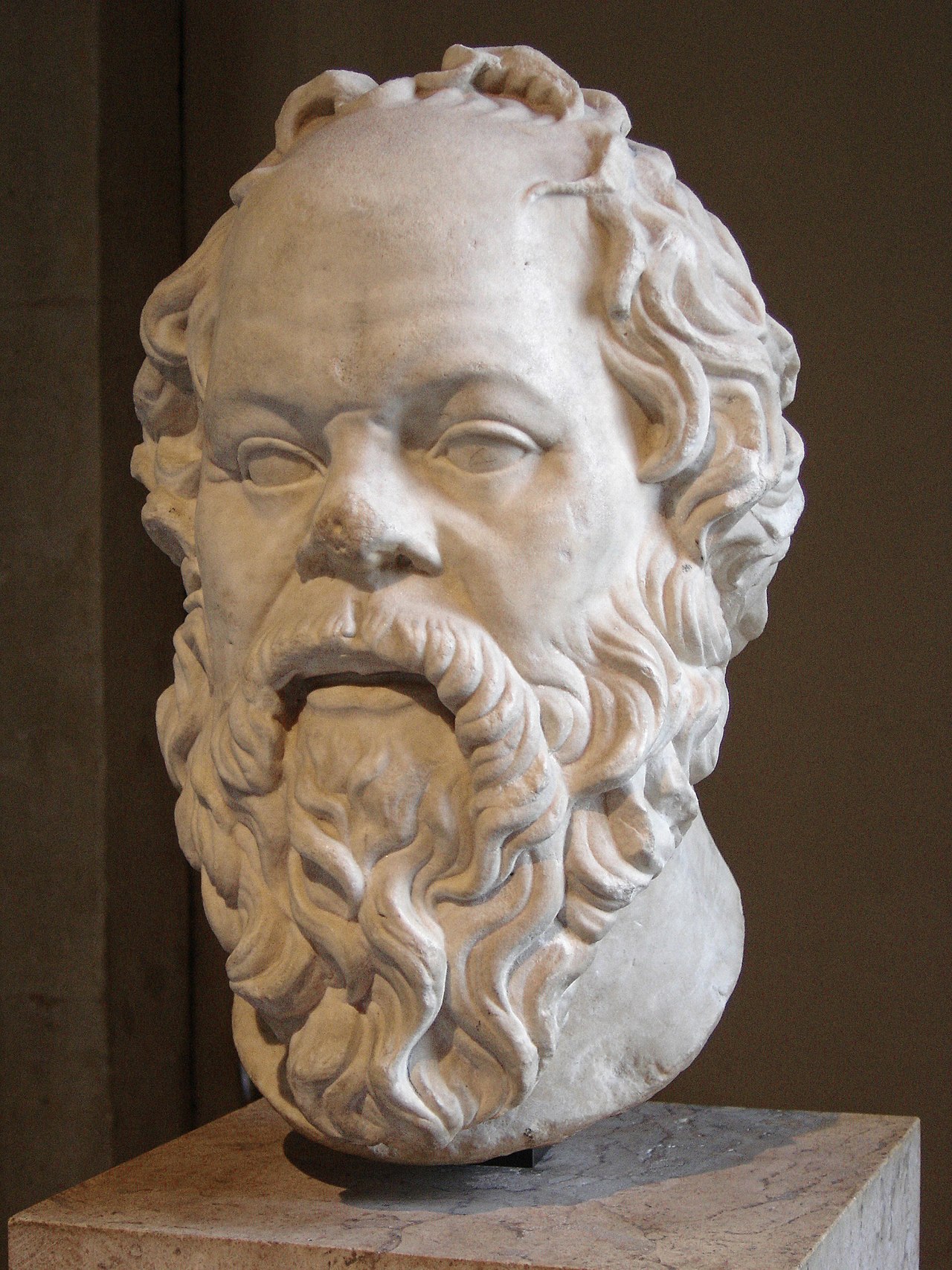 An ancient marble bust of the Greek thinker Plato's teacher.