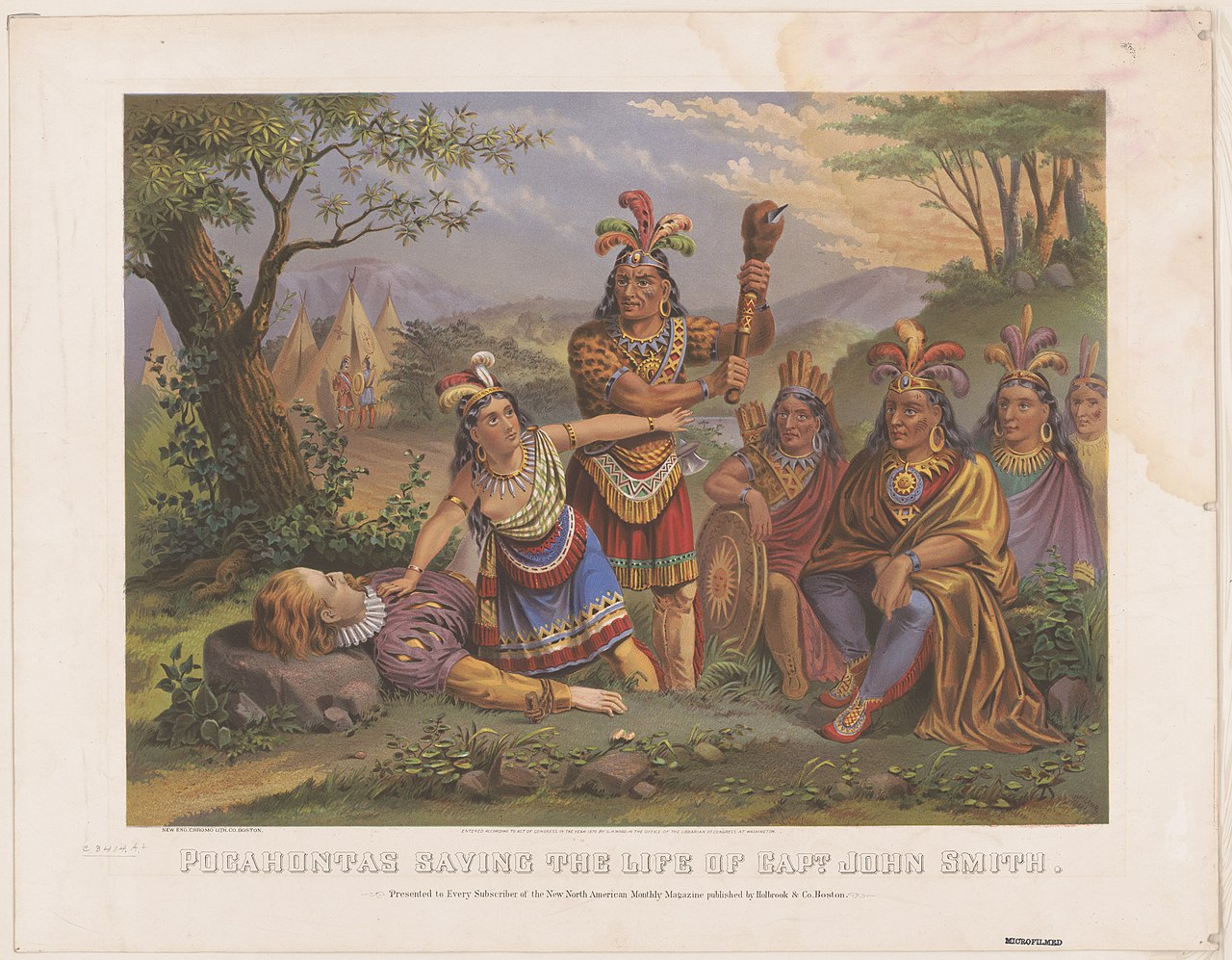 A colorful old print showing Pocahontas saving John Smith.