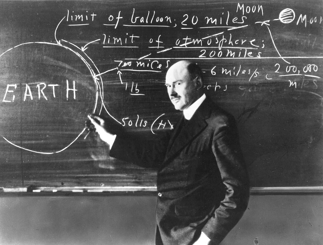 Rocket pioneer Robert Goddard teaching at a blackboard in 1924.