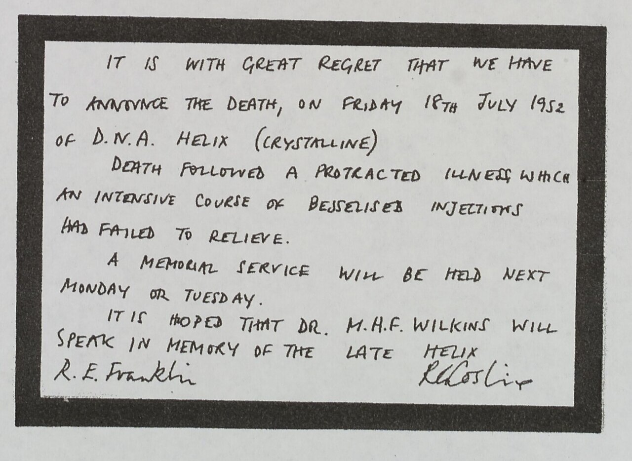 A funny joke card Rosalind Franklin wrote about her DNA work.