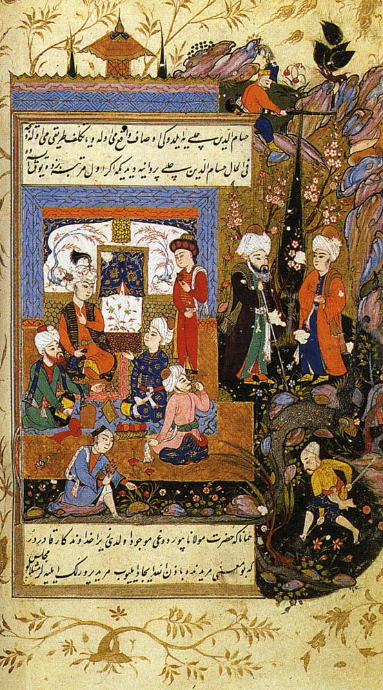 An old painting of the poet Rumi with one of his students.