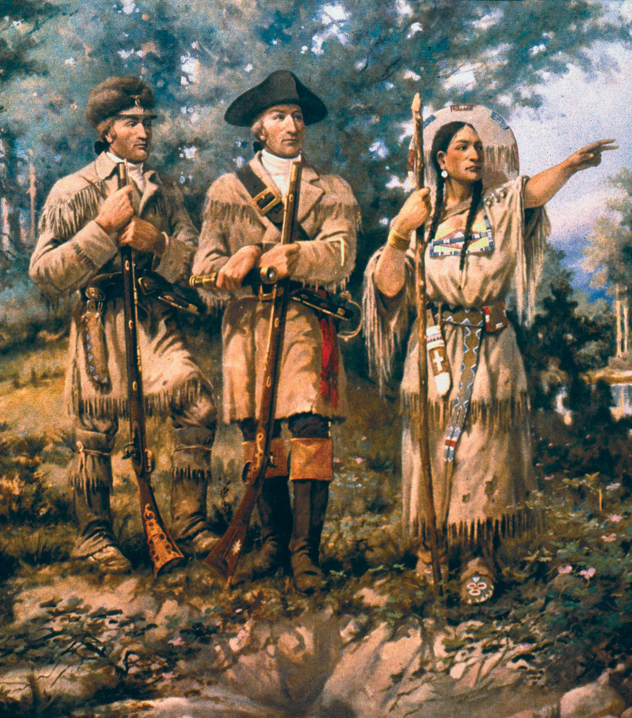 A mural painting showing Sacagawea guiding Lewis and Clark.