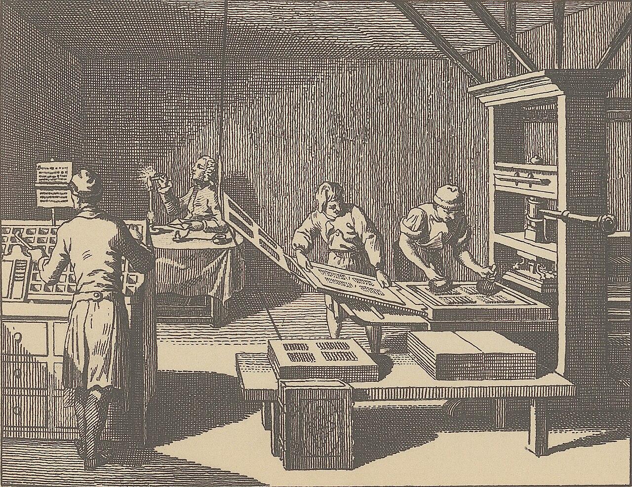An old drawing of workers printing books in a busy shop.