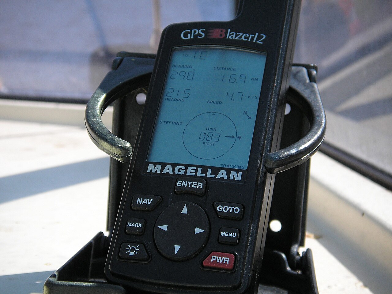 A handheld GPS device used to find places outdoors.