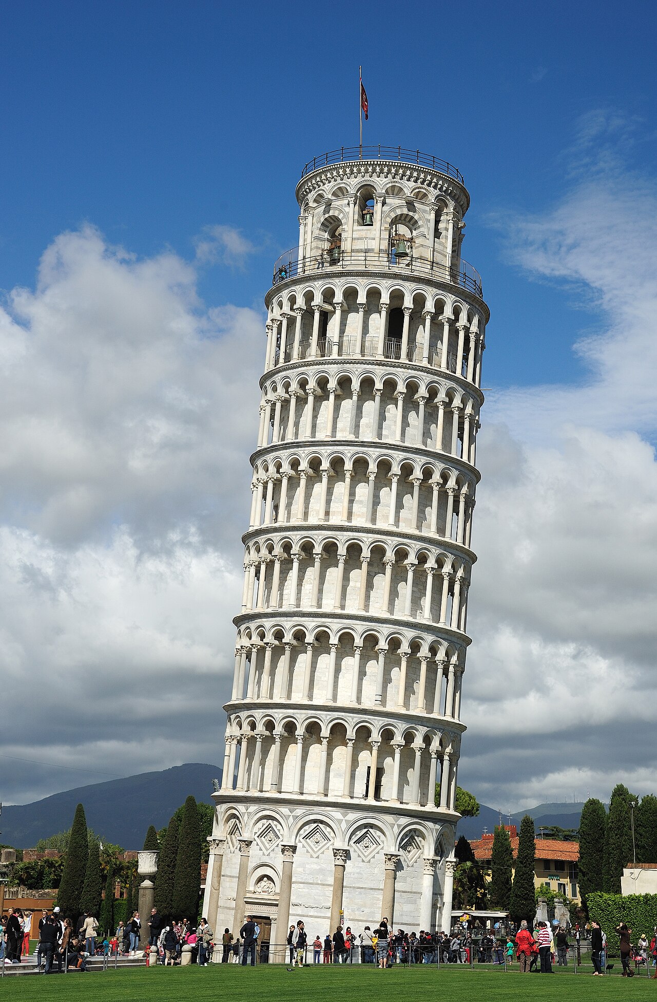 The famous Leaning Tower of Pisa tilts to one side in Italy.