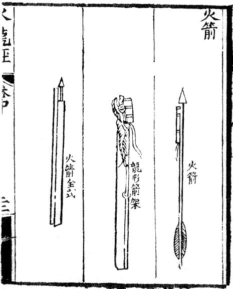 An old Chinese drawing of the very first fire arrow rockets.