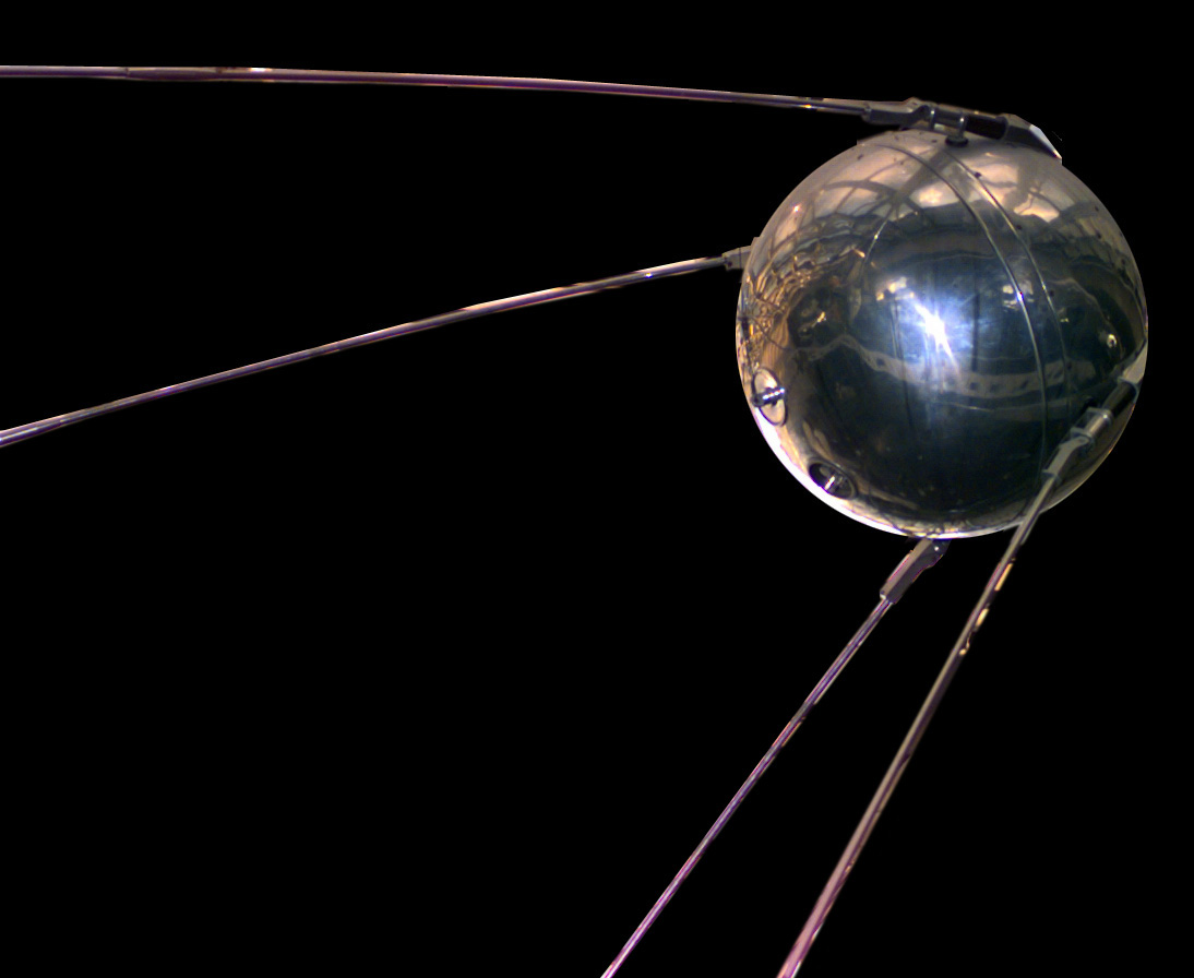 A shiny model of Sputnik 1, the first satellite ever sent to space.