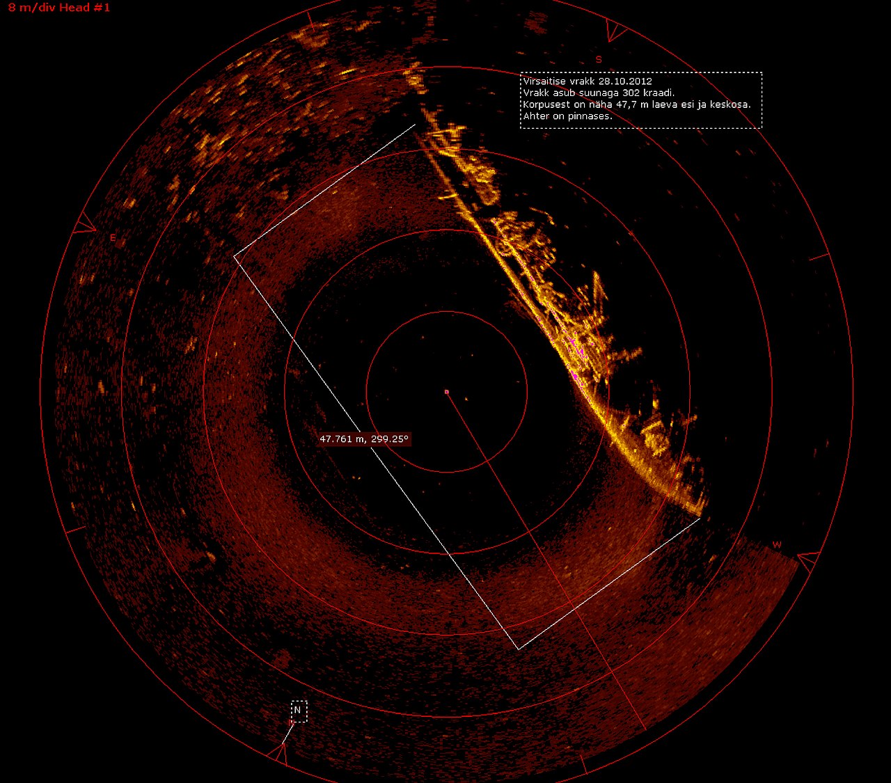 A sonar picture of an old shipwreck resting on the ocean floor.