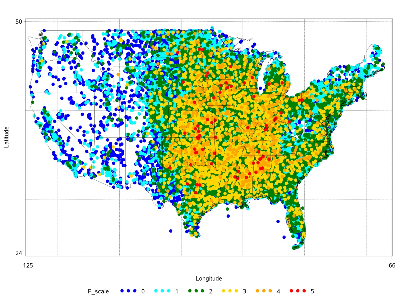A map shows every tornado that hit the United States over many years.